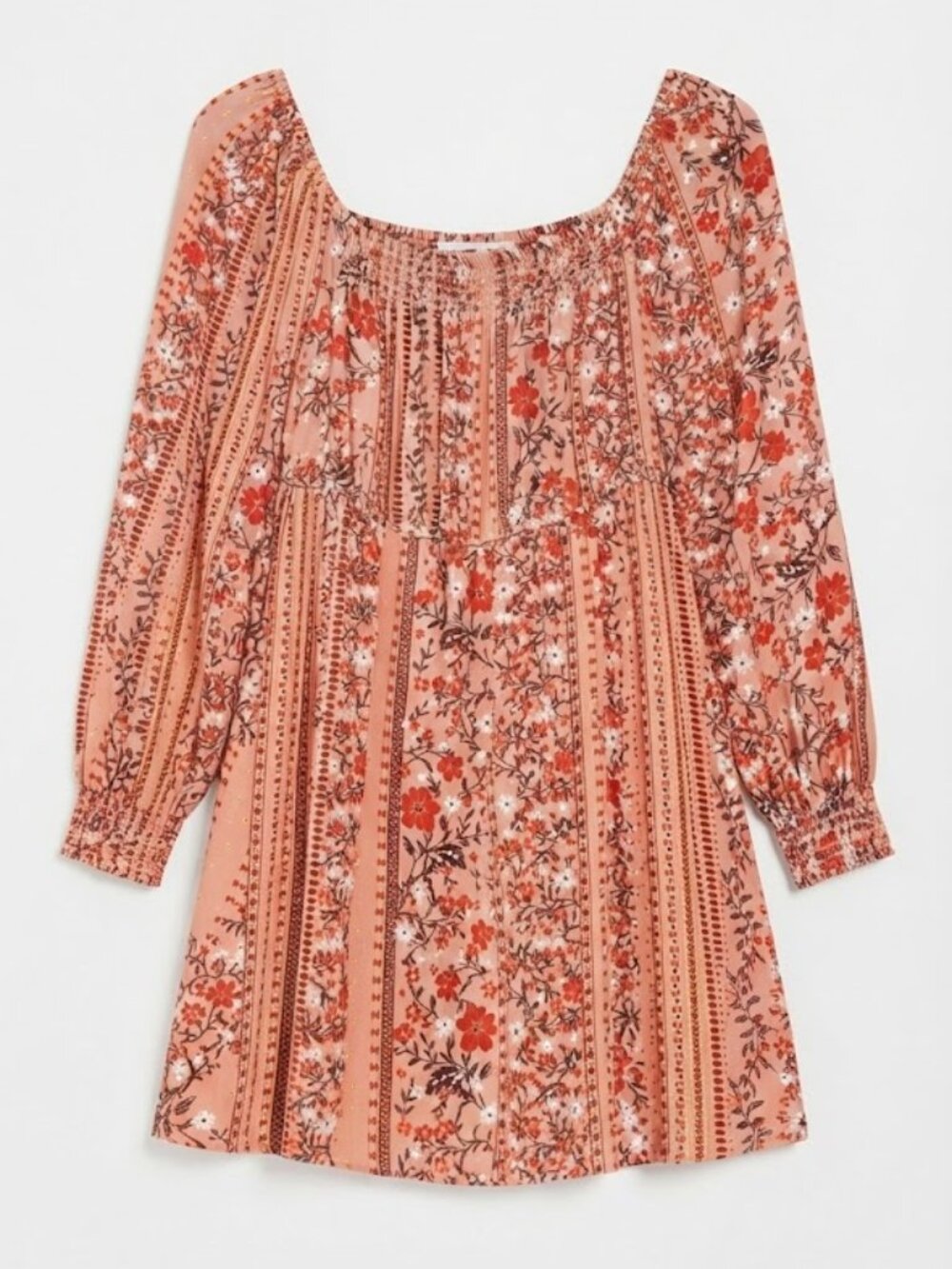 ✨️ Peach Floral Long-Sleeve Boho Dress